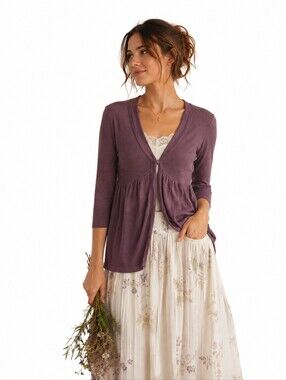 Boden Purple Silk Linen Blend Snap Front Long Cardigan Duster Cottagecore